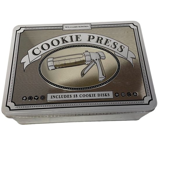 Williams Sonoma Cookie Press Includes 15 Cookie Disks in Storage Tin Box 10" x 7 - Picture 1 of 8